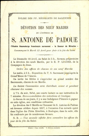 Règlement pour la dévotion des neuf mardis en l'honneur de saint Antoine de Padoue, à l'église des pères Récollets de Salzinnes.