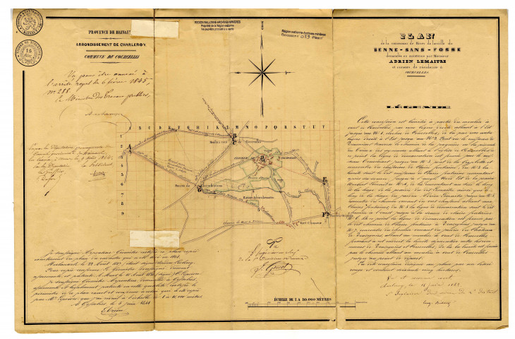 Plan de la concession de mines de houille de Benne-sans-Fosse demandée et maintenue par Monsieur Adrien Lemaitre et consors, de résidence à Courcelles.