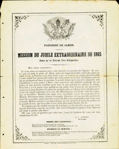 Annonce d'une mission du Jubilé extraordinaire de 1865 donnée, à Jambes, par les pères Rédemptoristes. Ce document est signé par L.-J. Janmart, curé de Jambes.