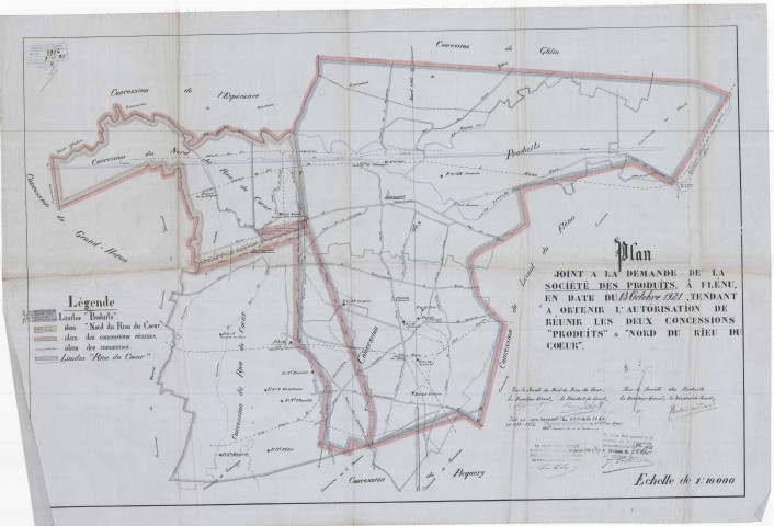 Plan joint à la demande de la Société des Produits, à Flénu, en dat du 13 Octobre 1921, tendant à obtenir l'autorisation de réunir les deux concessions "Produits" et "Nord du Rieu du Coeur".