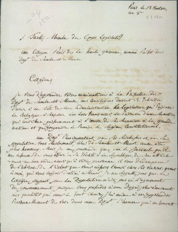 Lettre de J. Tarte au citoyen Pérès, nommé préfet du département de Sambre-et-Meuse (8 mars 1800) (SPW-Archives régionales de Wallonie, Fonds F. Lempereur).
