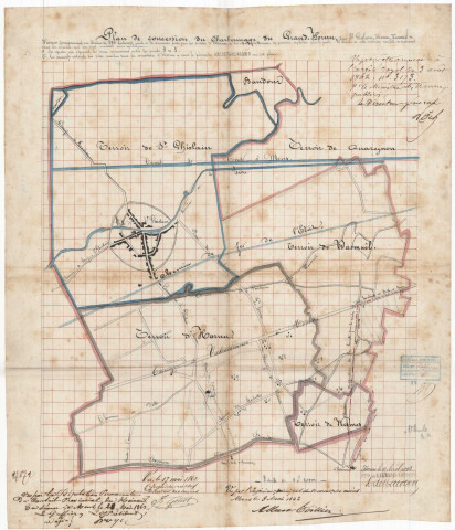 Plan de concession du Charbonnage du Grand-Hornu, sous St Ghislain, Hornu, Wasmuël et Wasmes (comprenant une étendue de 896 hectares), joint à la demande faite par les société d'Hornu et de Belle et Bonne, de pouvoir exploiter par le puits St Emile...