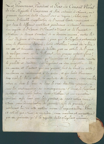 Supplication de l'avocat Tarte à propos du différend impliquant l'épouse d'Édouard Bivort et l'avocat Mathieu.
