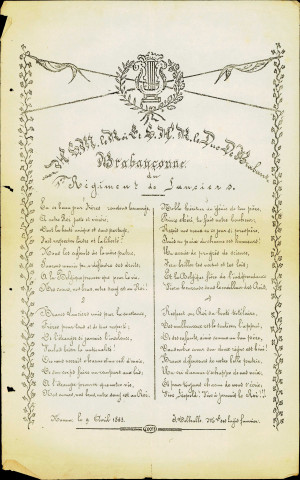 Paroles de la Brabançonne du 1er régiment des lanciers. Cette chanson, écrite, à Namur, le 9 avril 1863, a été signée par J. Delhalle, maréchal des logis fourrier.