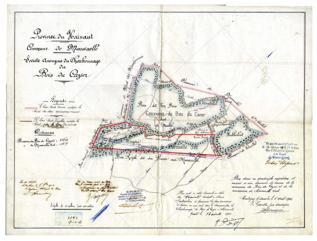 Société Anonyme du Bois du Cazier. Plan dressé (...) et annexé à une demande de réunion de la concession du Bois du Cazier et de la concession de Marcinelle Sud.