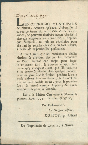 Annonce des officiers municipaux de Namur interdisant aux aubergistes et habitants "de soustraire aucun chariot ni chevaux employés au service de la République". Signé Coppoy.
