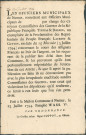 Annonce des officiers municipaux de Namur transmettant aux communes un exemplaire de la proclamation des représentants du peuple français Laurent et Guyton du 15 Messidor (3 juillet 1794) concernant le cours des assignats. Demande des citoyens commissaires des guerres de la République Thomas et Dalbon. Signé Coppoy.