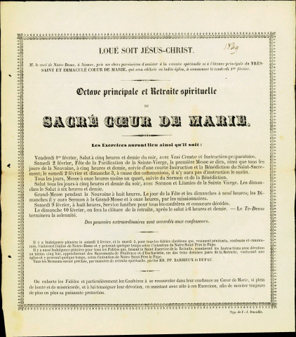 Annonce de l'Octave principal et de la retraite spirituelle du Sacré Cœur de Marie qui aura lieu à l'église Notre-Dame de Namur. Une note manuscrite date ce document de 1849.