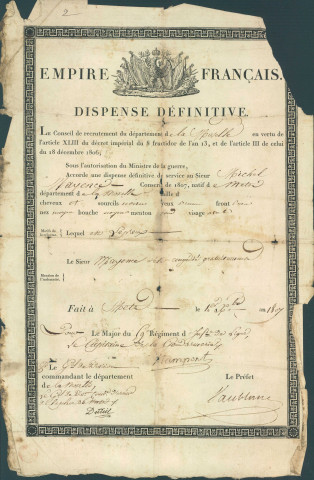 Dispense définitive accordée à Michel Mayence, conscrit de 1807, par le Conseil de recrutement du département de la Moselle.