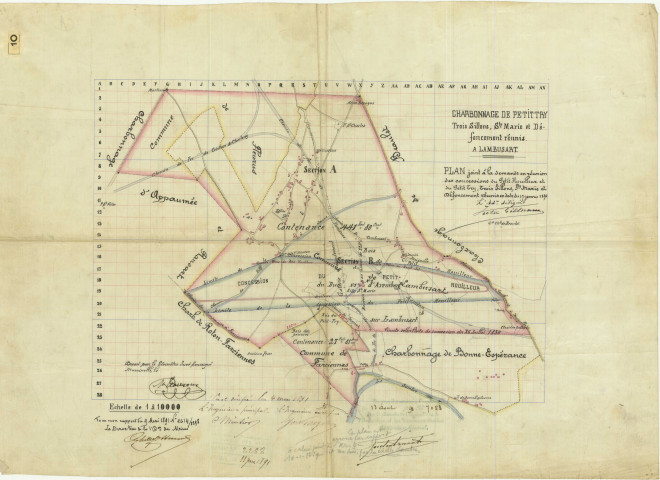 Charbonnage de Petit-Try Trois Sillons, Ste-Marie et Défoncement réunis à Lambusart. Plan joint à la demande en réunion des concessions du Petit Houilleur et du petit Try, Trois Sillons, Ste Marie et Défoncement réunis en la date du 17 janvier 1891.