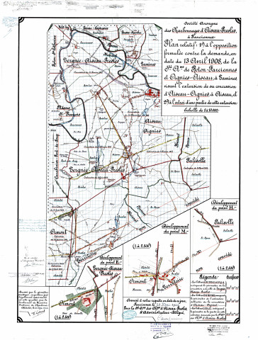 Société Anonyme des Charbonnages d'Aiseau-Presles à Farciennes. Plan relatif : 1° à l'opposition formulée contre la demande, en date du 13 avril 1908, de la Sté Ame de Roton-Farciennes et Oignies-Aiseau, à Tamines, visant l'extension de sa concession d'Aiseau-Oignies, à Aiseau, et 2° à l'octroi d'une partie de cette extension.