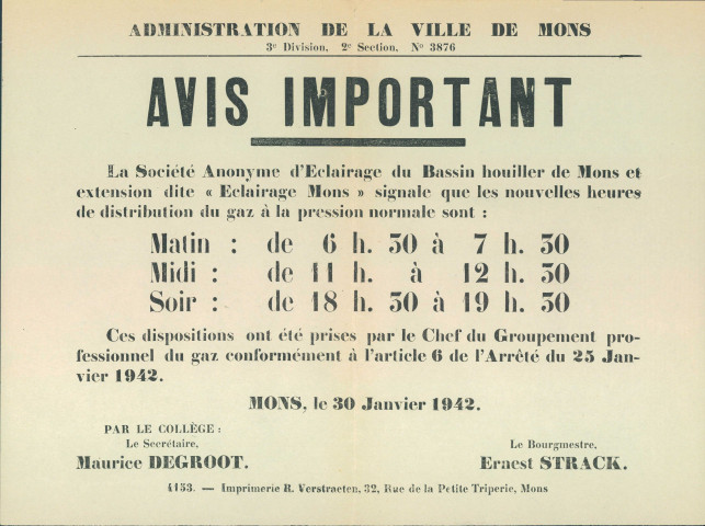 Affiche.Ville de Mons. Avis informant la population des heures de distribution du gaz