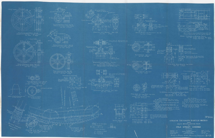 Copie d'un plan de The Strauss Bascule & concrete Bridge Company. Pont bascule sur le bras sud de la rivière Chicago, Polk street, Chicago. Détails d'éléments mécaniques.