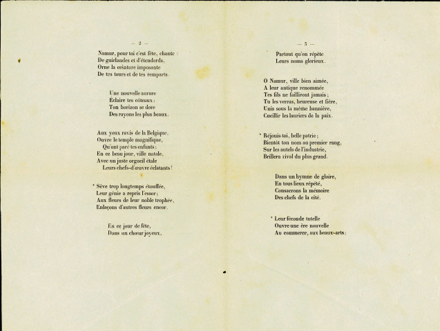 Texte de la cantate, intitulée : À Namur, qui a été composée, le 4 juillet 1852, à l'occasion de l'ouverture du Bazar industriel et artistique.