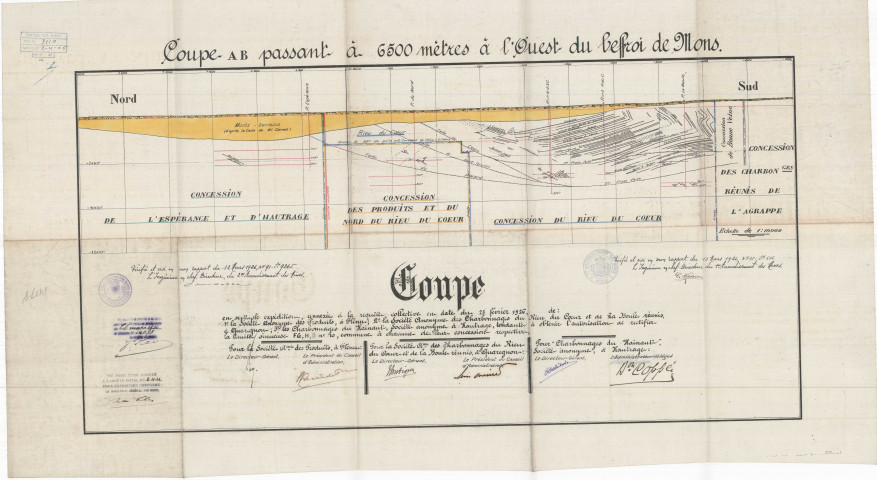 Coupe (...) annexée à la requête collective en date du 25 février 1926, de : 1° la Société Anonyme des Produits, à Flénu ; 2° la Société Anonyme des Charbonnages du Rieu du Cœur et de La Boule réunis, à Quaregnon ; 3° les Charbonnages du Hainaut, Société anonyme à Hautrage, tendante à obtenir l'autorisation de rectifier la limite sinueuse F,G,H, n° 10, commune à chacune de leur concession respective.