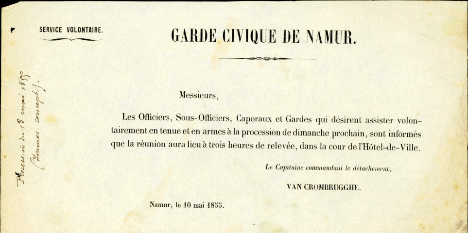 Invitation, dans le cadre du service volontaire, à participer, selon une mention manuscrite, à la procession de l'Immaculée Conception du 18 mai 1855.