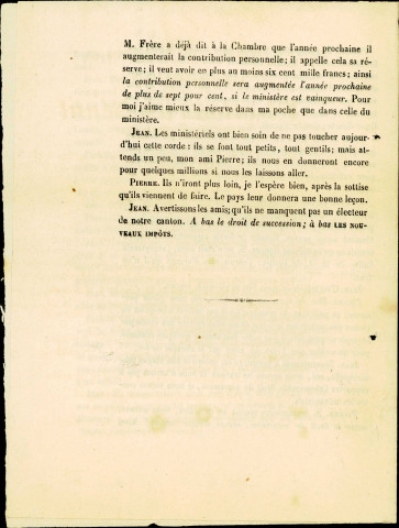 Billet reproduisant un dialogue entre deux électeurs mécontents des hommes politiques.