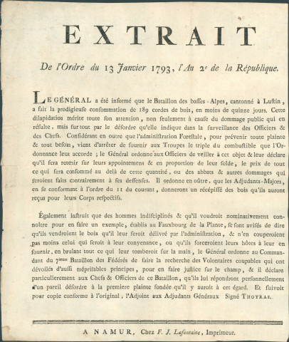Extrait de l'ordre du 13 janvier 1793 relatif aux abus enregistrés chez certains militaires dans la consommation de bois (signé Thoyras, adjoint aux adjudants généraux).