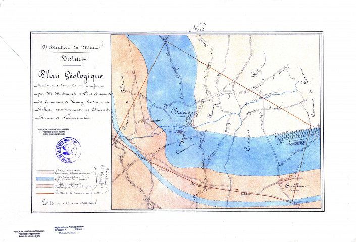 Plan géologique des terrains demandés en concession par M.M. Franck, et Cie, et dépendants des Communes de Houay, Pondrome et Sohier, arrondissement de Dinant Province de Namur.
Plan comprenant également le hameau de Revogne.