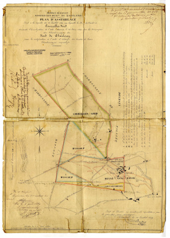 Plan d'assemblage Joint à la requête du 10 Juillet 1859 par laquelle la Sté (...) des Charbges de Courcelles-Nord demande l'homologation de l'acte intervenu le 25 juin 1859 avec la Compagnie des Charbonnages de Nord de Charleroy, pour la rectification à l'aide d'échange des limites de leurs Charbonnages respectifs.