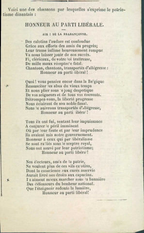 Paroles d'une chanson dinantaise intitulée : Honneur au Parti libéral.