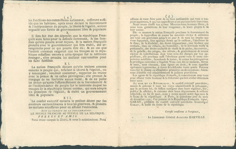 Proclamation du lieutenant-général Auguste Harville de la souveraineté du peuple de Belgique dans le comté de Namur, en vertu du décret de la Convention nationale du 15 décembre 1792.
