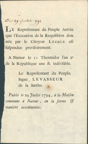 Annonce du représentant du peuple Levasseur de la Sarthe suspendant provisoirement la réquisition du citoyen Lecole. Signé Levasseur.