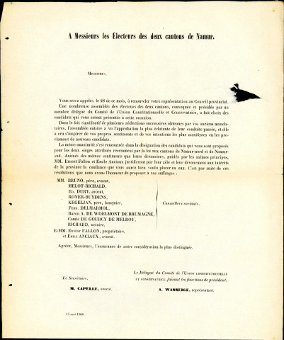 Appel à voter pour les candidats de l'Union constitutionnelle et conservatrice de l'arrondissement de Namur.