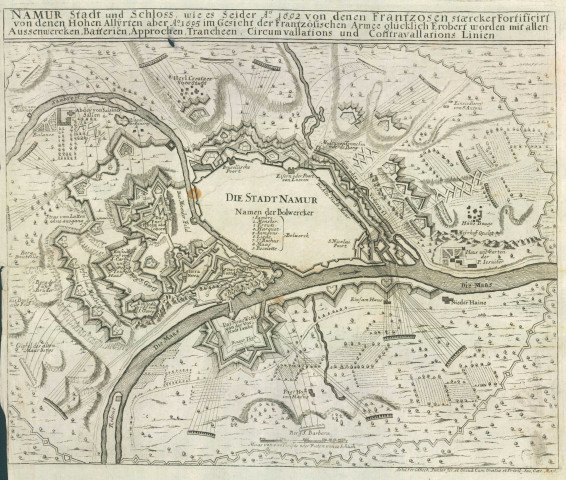 Namur Stadt und Schloss, wie es Seider A° 1692 von den Frantzosen staercker Fortificirt von denen Hohen Allijrten aber A° 1695 im Gesicht der Frantzösischen Armee glücklich Erobert worden mit allen Aussenwercken, Batterien, Approchen, Trancheen, Circumvallations und Contravallations Linien Johñ Stridbeek Junior fec. et Excud. Cum Gratia et Privil. Sac. Caes. Maij.
