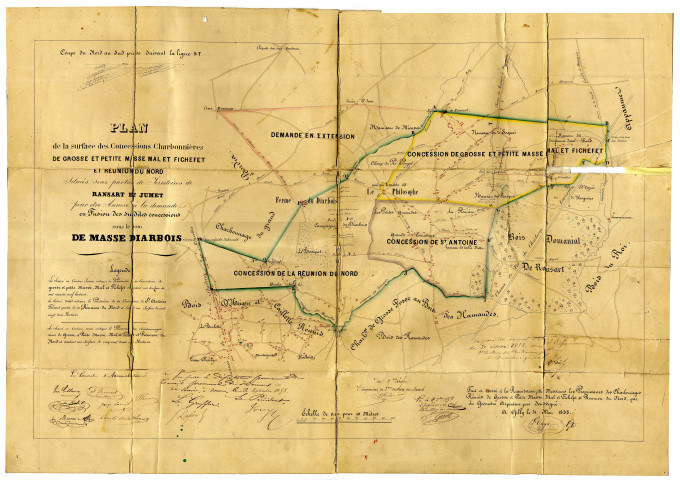 Plan de la surface des Concessions Charbonnières de Grosse et Petite Masse Mal et Fichefet et Réunion du Nord Situées sous parties de Territoires de Ransart et Jumet pour être Annexé à la demande en Fusion des susdites concessions sous le nom de Masse Diarbois.