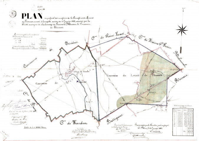 Plan superficiel des concessions de la Princesse et du Levant de Péronnes,...