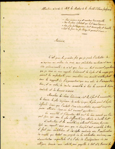 Allocution prononcée, à Namur, le 9 août 1852, dans laquelle Antoine Denis, compositeur-typographe, rappelle aux membres de la Société d'Union de Salzinnes les buts de celle-ci.