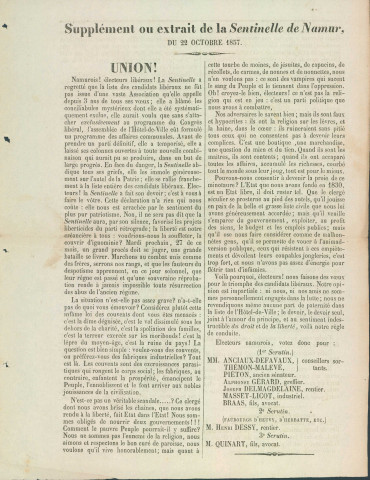 Supplément de La Sentinelle du 22 octobre 1857 appelant à voter pour les candidats libéraux.