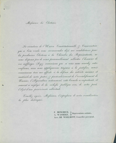 Tract électoral des candidats de l'Union constitutionnelle et conservatrice de l'arrondissement de Namur.