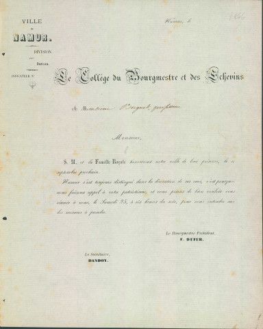 Invitation du Collège échevinal de Namur, adressée à Jules Borgnet, à assister, le 25 août (?), à une réunion en vue de préparer la visite royale.