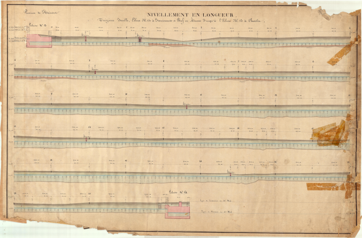 Nivellement en longueur. Écluse n° 14 à Farciennes et bief en amont jusqu'à l'écluse n° 13 à Châtelet.