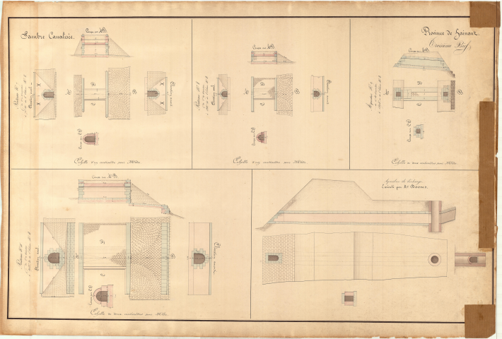 Troisième bief.
Ponceau n° 7 de 1 m d'ouverture à 71,40 m de l'écluse n° 2.
Ponceau n° 8 de 1,09 d'ouverture à 1286,50 m de l'écluse n° 2.
Aqueduc n° 9 de 0,40 m d'ouverture à 1494 m de l'écluse n° 2.
Ponceau n° 10 de 1 m d'ouverture à 1942,20 m de l'écluse n° 2.
Aqueduc de décharge exécuté par M. Dooms.