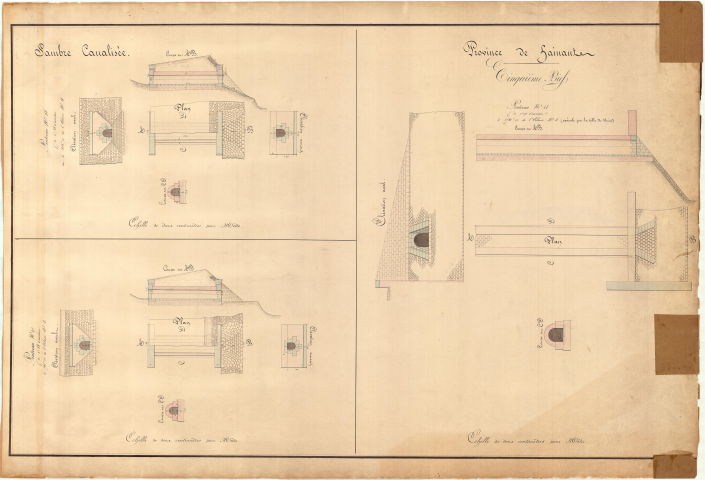 Cinquième bief.
Ponceau n° 16 de 0,48 m d'ouverture à 415 m de l'écluse n° 4.
Ponceau n° 17 de 0,48 m d'ouverture à 761 m de l'écluse n° 4.
Ponceau n° 18 de 0,90 m d'ouverture à 1740 m de l'écluse n° 4.