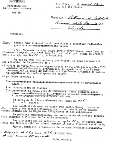 Invitation à l'examen pour l'obtention du certificat d'opérateur radiotélégraphiste privé.