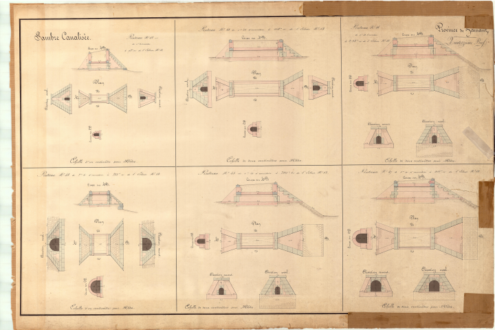 Quatorzième bief.
Ponceau n° 42 de 0,50 m d'ouverture à 92 m de l'écluse n° 13.
Ponceau n° 43 de 2,50 m d'ouverture à 235 m de l'écluse n° 13.
Ponceau n° 44 de 0,45 m d'ouverture à 1018 m de l'écluse n° 13.
Ponceau n° 45 de 0,45 m d'ouverture à 2161 m de l'écluse n° 13.
Ponceau n° 46 de 0,45 m d'ouverture à 2793 m de l'écluse n° 13.
Ponceau n° 47 de 1 m d'ouverture à 4081 m de l'écluse n° 13.