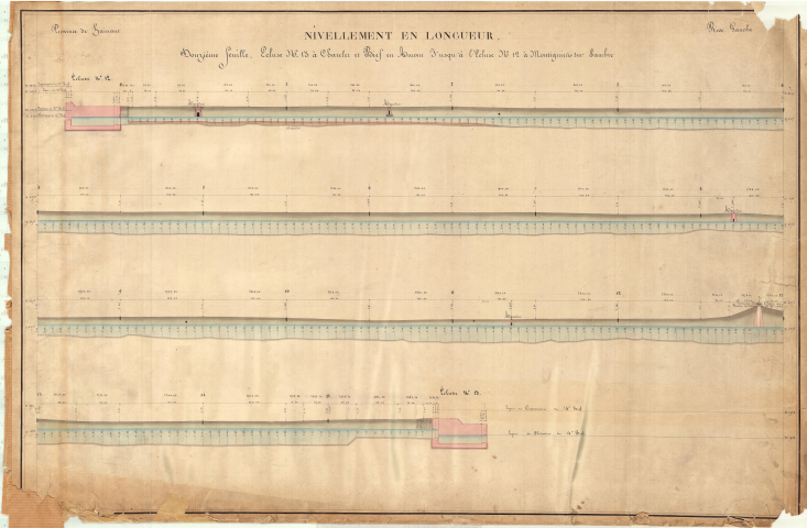 Nivellement en longueur. Écluse n° 13 à Châtelet et bief en amont jusqu'à l'écluse n° 12 à Montignies-sur-Sambre.