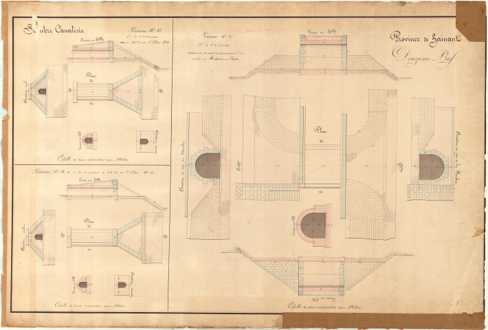 Douzième bief.
Ponceau n° 35 de 0,55 m d'ouverture à 592 m de l'écluse n° 11.
Ponceau n° 36 de 0,55 m d'ouverture à 674,50 m de l'écluse n° 11.
Ponceau n° 37 de 2,50 m construit sur le canal d'alimentation du moulin de Montignies-sur-Sambre.