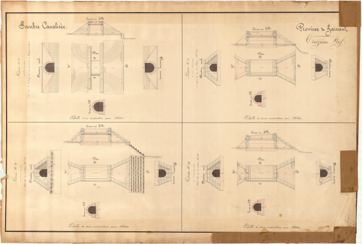 Treizième bief.
Ponceau n° 38 de 2,50 m d'ouverture pour la décharge des eaux du moulin de Montignies-sur-Sambre.
Ponceau n° 39 de 1 m d'ouverture à 322,40 m de l'écluse n° 12.
Ponceau n° 40 de 1 m d'ouverture à 1639,20 m de l'écluse n° 12.
Ponceau n° 41 de 1 m d'ouverture à 2268,50 m de l'écluse n° 12.