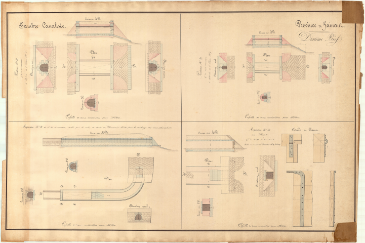 Dixième bief.
Ponceau n° 28 de 1 m d'ouverture à 437 m de l'écluse n° 9.
Ponceau n° 29 de 0,45 m d'ouverture à 1124,80 m de l'écluse n° 9.
Aqueduc n° 30 avec clapet de 0,91 cm d'ouverture établi en amont du déversoir n° 10 rive droite.
Aqueduc n° 31 de 1,50 m d'ouverture établi près de la culée de droite du déversoir n° 10 pour la décharge des eaux pluviales.