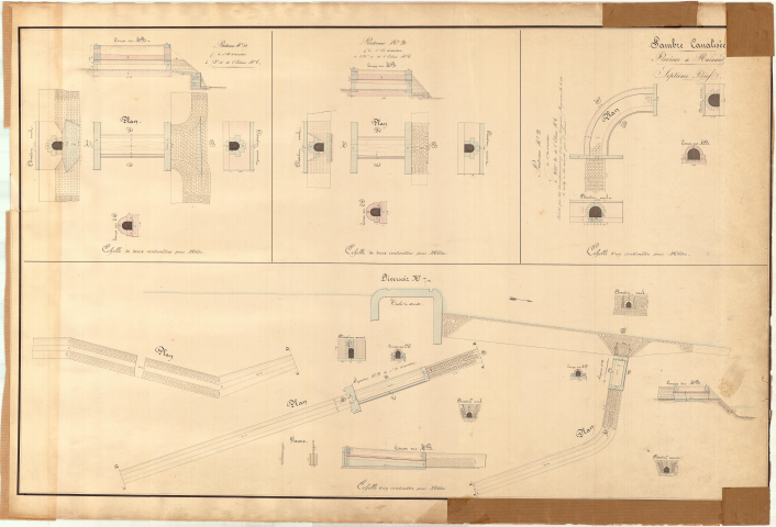 Septième bief.
Ponceau n° 19 de 0,45 m d'ouverture à 73 m de l'écluse n° 6.
Ponceau n° 20 de 0,45 m d'ouverture à 1735 m de l'écluse n° 6.
Ponceau n° 21 de 1,50 m d'ouverture à 2632,80 m de l'écluse n° 6.
Déversoir n° 7.