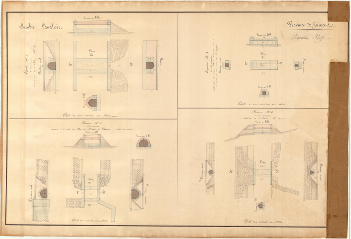 Deuxième bief.
Aqueduc n° 3 de 0,40 d'ouverture établi près de la maison éclusière n° 1 pour servir à l'écoulement des eaux du contrefossé.
Aqueduc n° 4 de 1,10 m d'ouverture à 1328 m de l'écluse n° 1.
Ponceau n° 5 de 2,50 m d'ouverture attenant à la culée du Pont de Merbes-le-Château.
Ponceau n° 6 de 1 m d'ouverture à 3343,60 m de l'écluse n° 1.