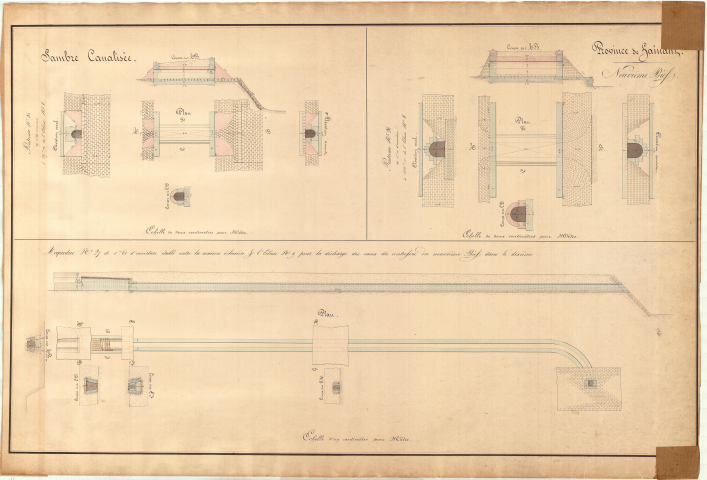 Neuvième bief.
Ponceau n° 25 de 0,45 m d'ouverture à 827,70 m de l'écluse n° 8.
Ponceau n° 26 de 1 m d'ouverture à 1680 m de l'écluse n° 8.
Aqueduc n° 27 de 0,60 m d'ouverture établi entre la maison éclusière n° 9 pour la décharge des eaux du contrefossé du neuvième bief dans le dixième.