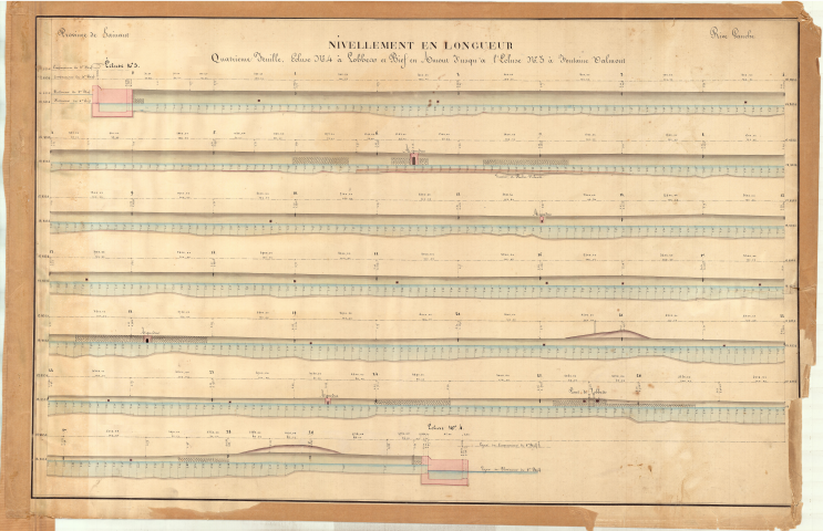 Nivellement en longueur. Écluse n° 4 à Lobbes et bief en amont jusqu'à l'écluse n° 3 à Fontaine-Valmont.